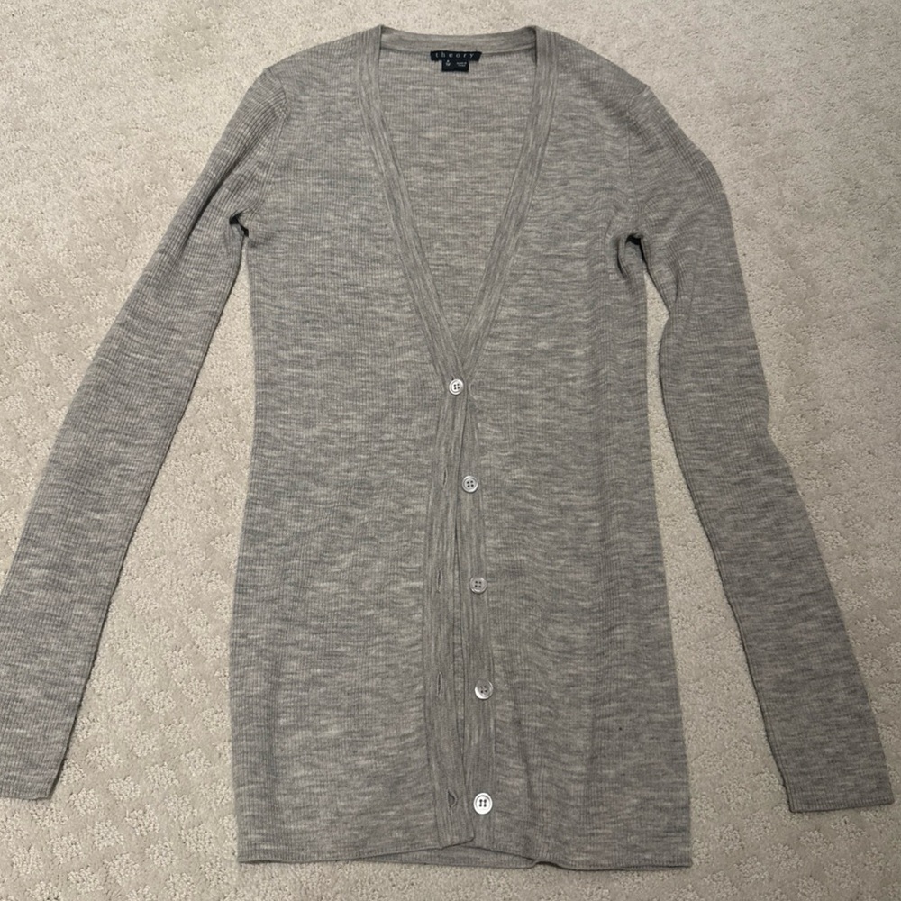 Women’s Theory Heather Grey 100% Wool Cardigan So Soft Size Small